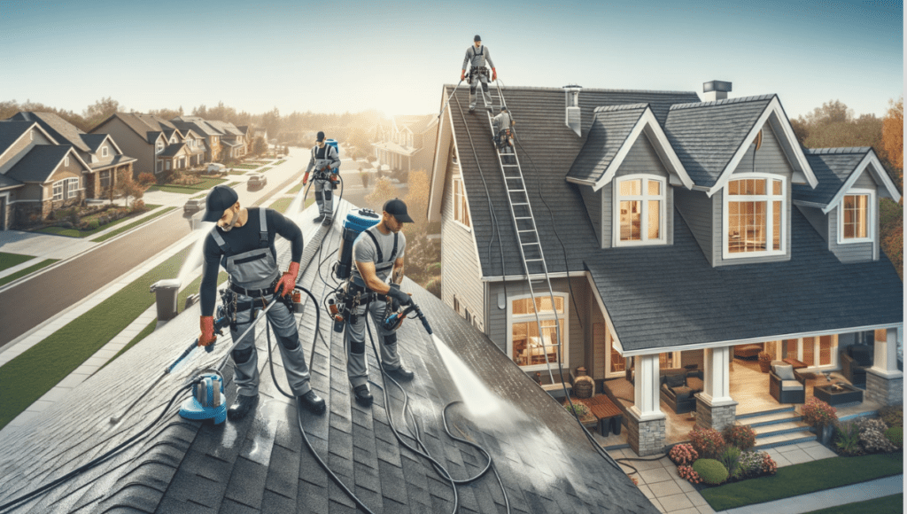 A team of professionals conducting metal roof cleaning services, showcasing expertise and equipment.
